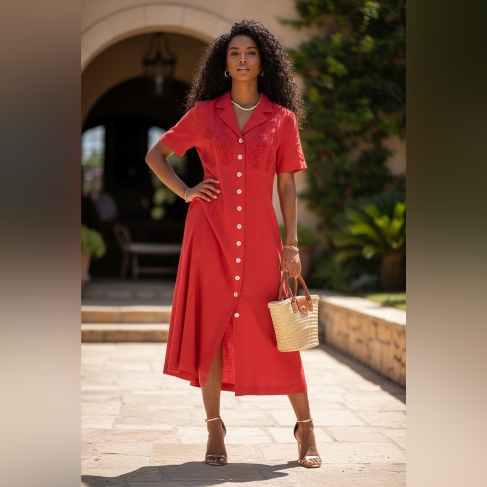 Elegant Red Button-Down Dress☑️ - Picture 5 of 13